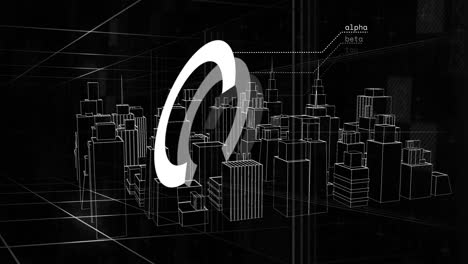 animation of scope scanning over cityscape on black background