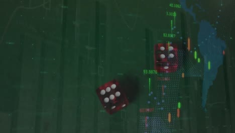 Animation-of-red-casino-dice-and-financial-data-processing-over-world-map