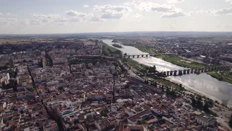 Cinematic-aerial-of-Badajoz-city-center,-establishing-shot