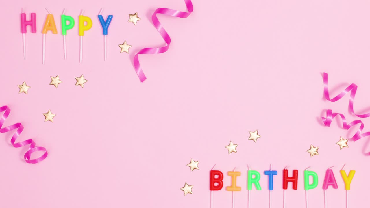 Happy Birthday candles appear with gold stars on pastel pink theme with empty space for text. Stop motion