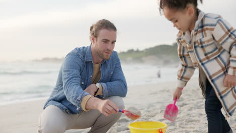 Playing,-father-and-child-at-the-beach-for-a-sand