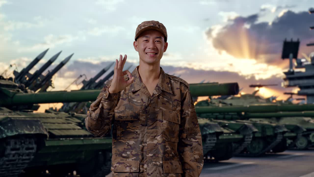 Soldato asiatico sorridente che mostra il gesto OK alla fotocamera mentre è in piedi accanto a un carro armato