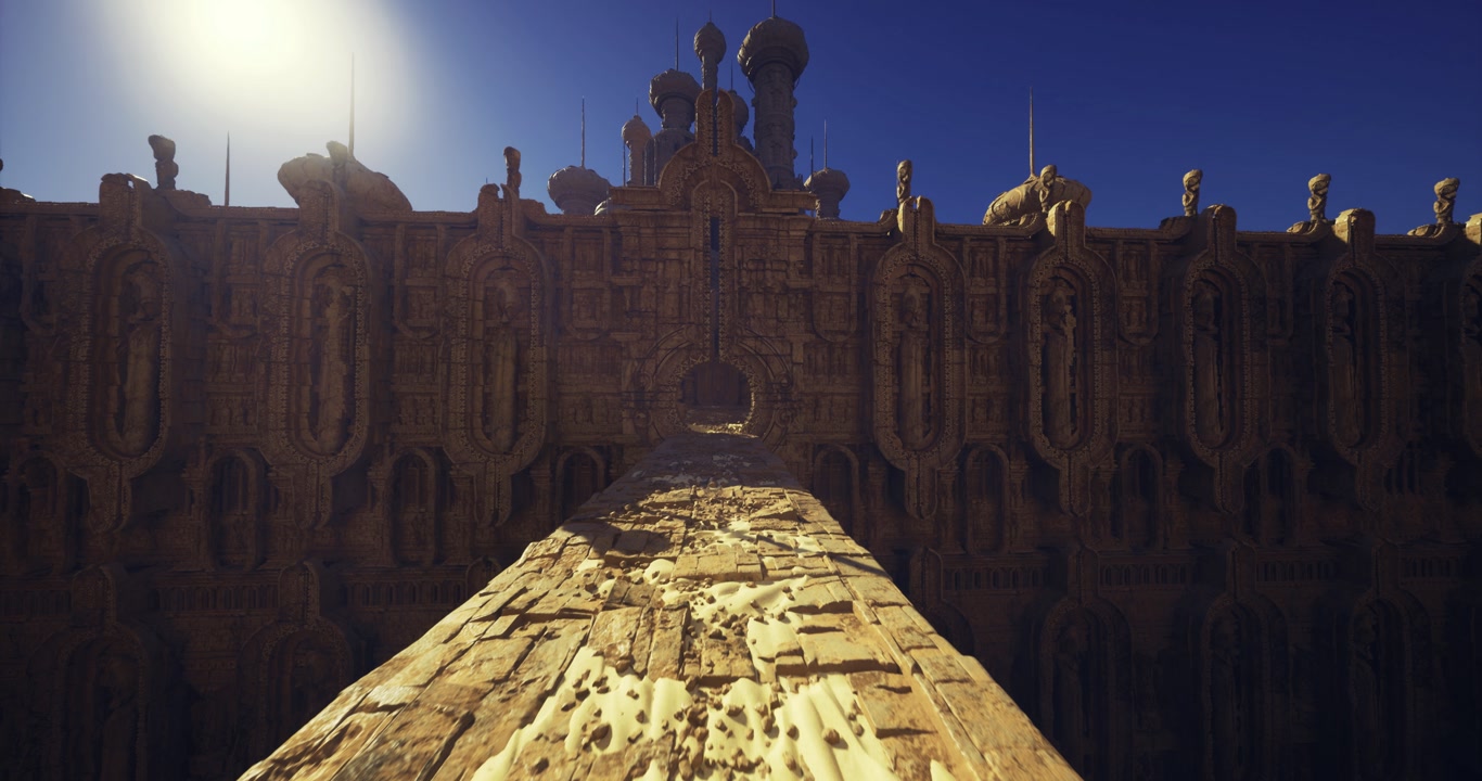 Monumental processional causeway with decorative balustrades and portals