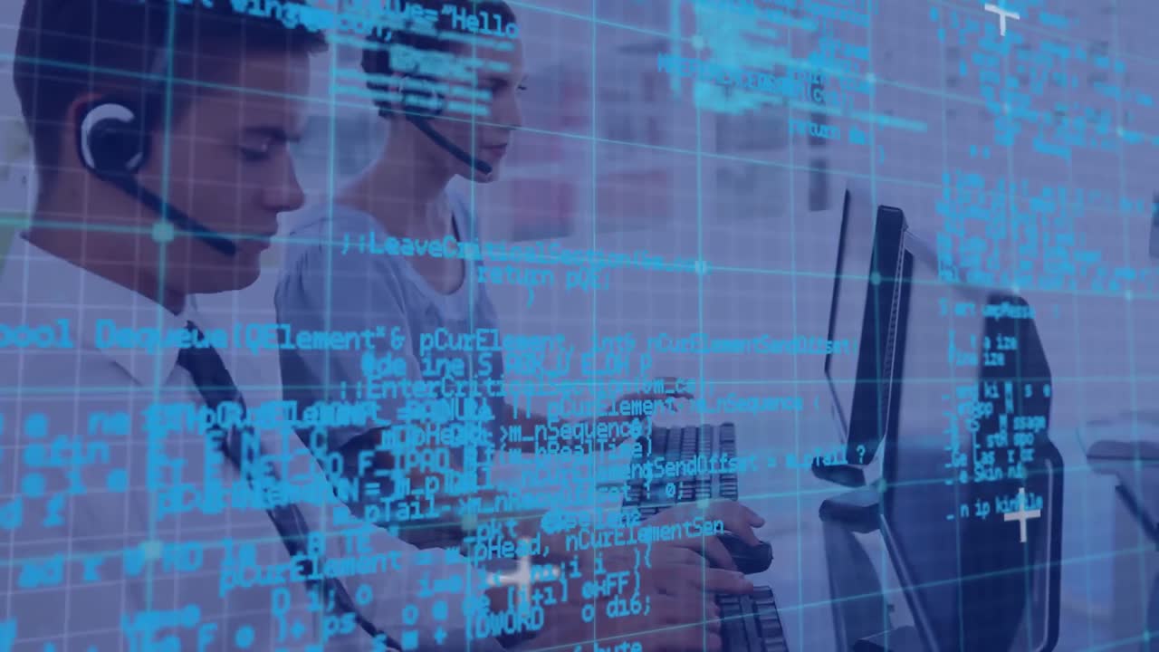 animación del procesamiento de datos sobre personas de negocios que usan auriculares telefónicos