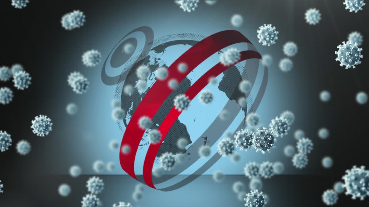 animación de células de covid 19 volando sobre el globo