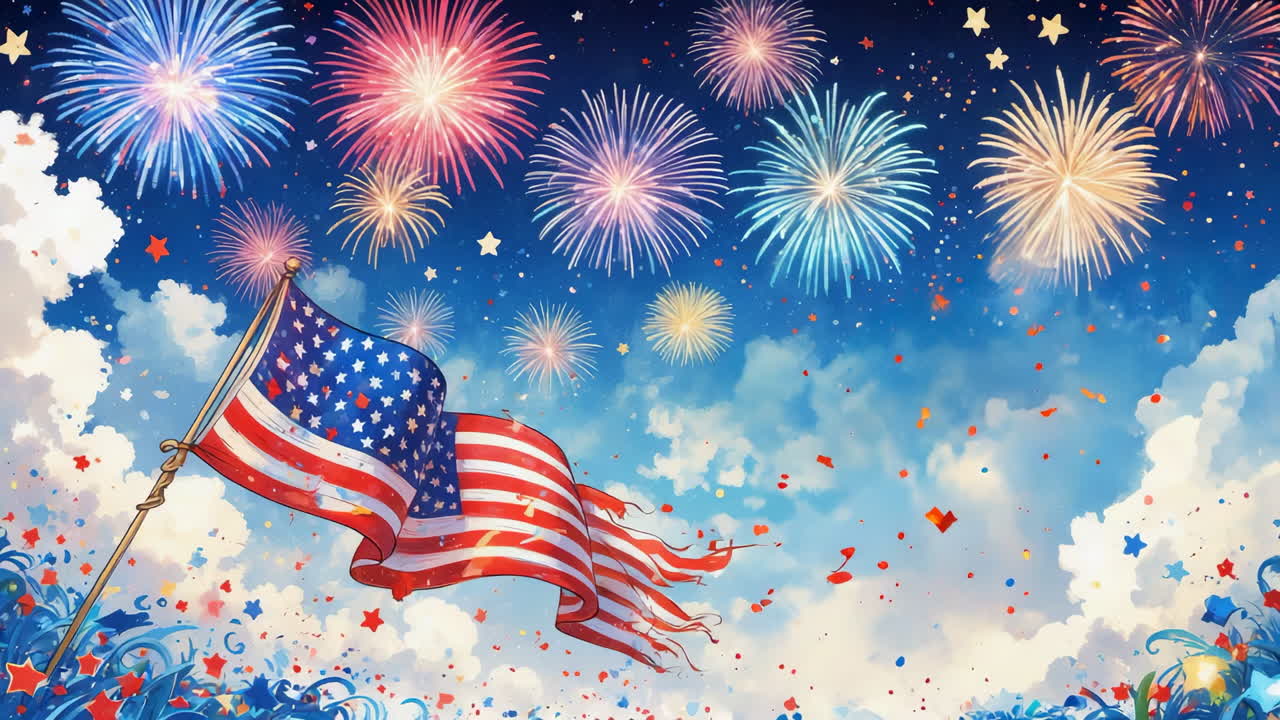 Patriotic Fireworks Celebration with American Flag