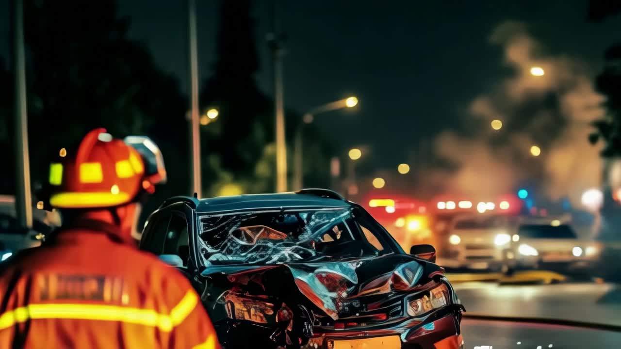 Emergency personnel work diligently at night to secure a car crash site