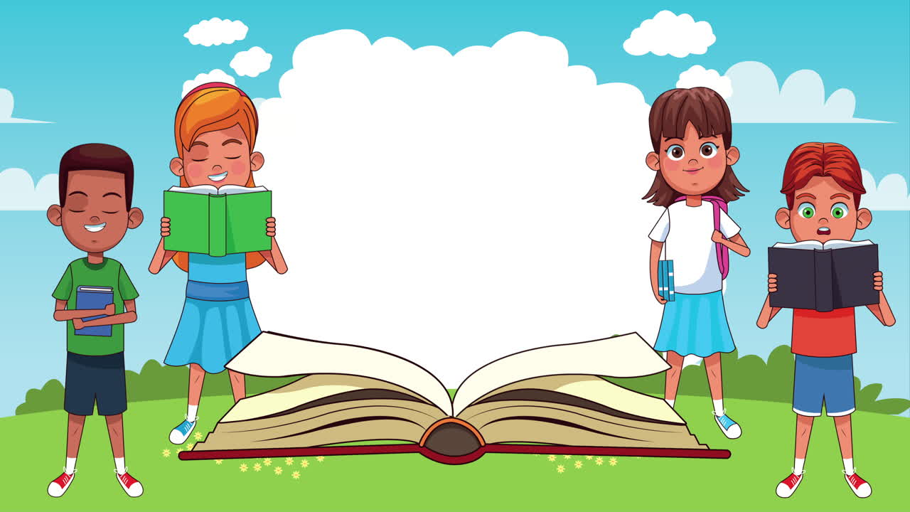 캠프에서 책을 읽는 작은 학생 아이들 애니메이션 캐릭터