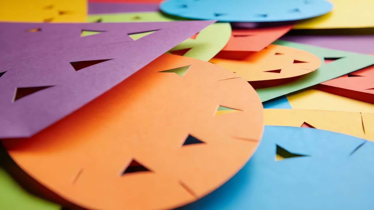 Shifting camera revealing orange circle, purple sheet and triangle cutouts on desk showing texture