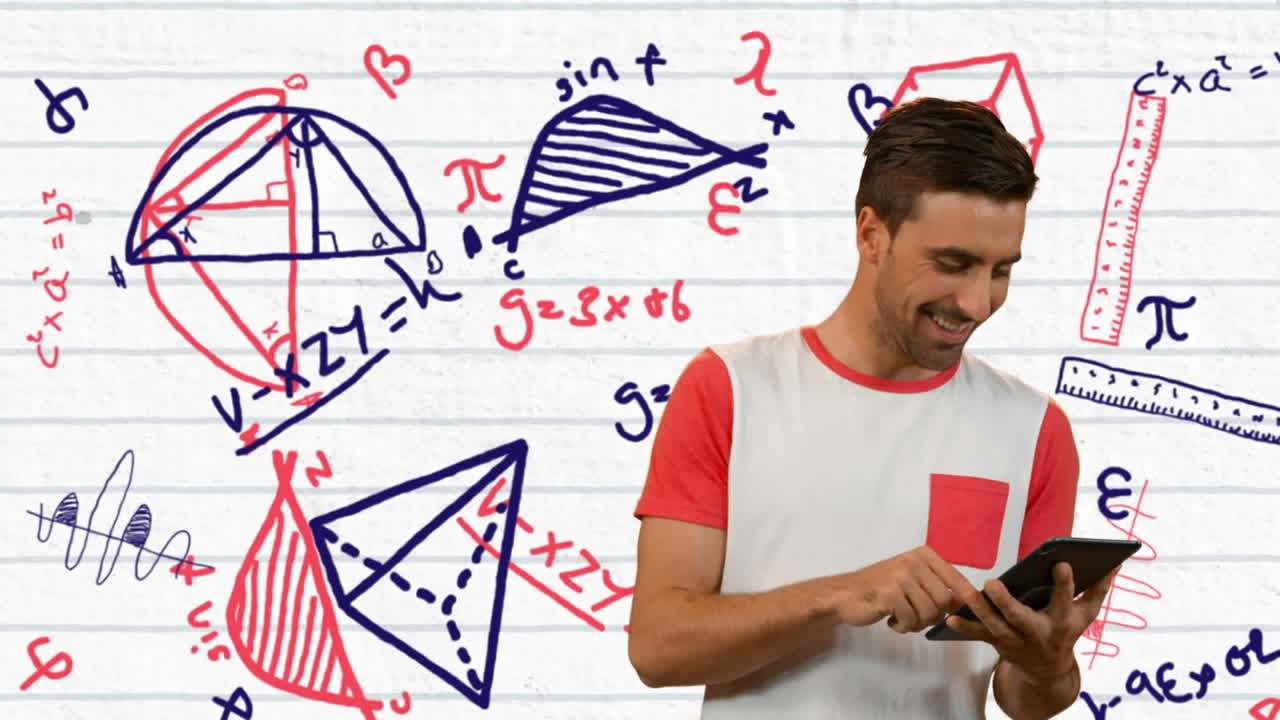 animación de un hombre caucásico usando una tableta sobre ecuaciones matemáticas
