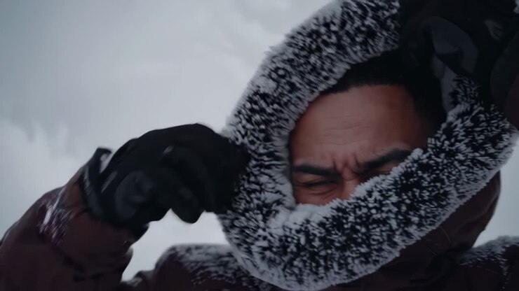 Man in a Frozen Hood in Winter