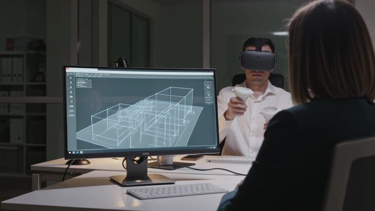 En mand i hvid skjorte med VR-headset manipulerer en model med en controller, roterer den på en skærm til gennemgang.