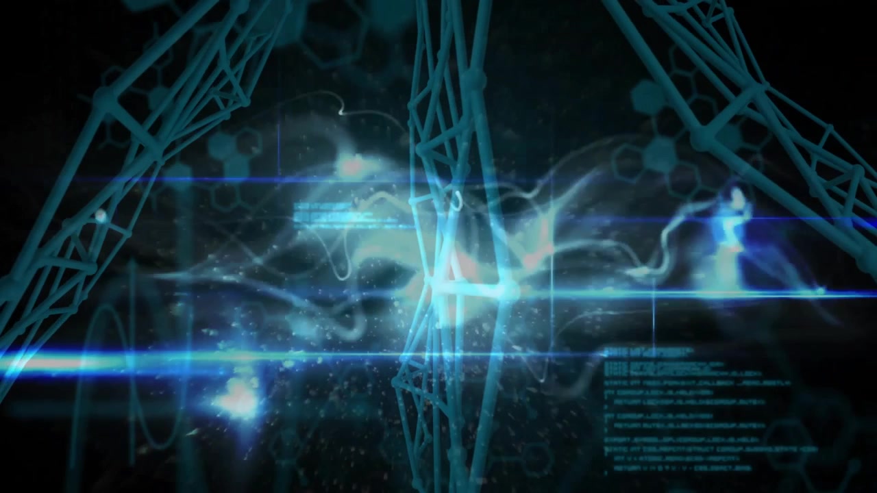Faint blue lines sketching wireframe network while scrolling code and pulsing wave visualizing data