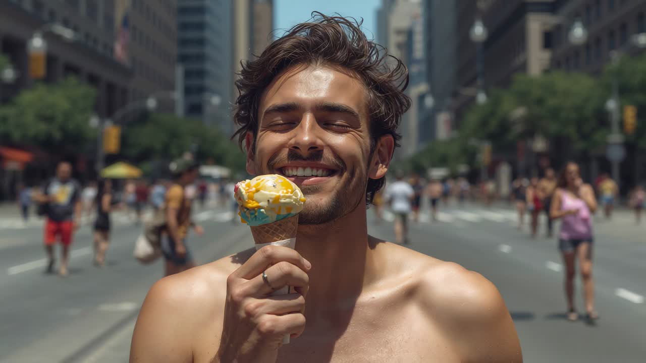 Hombre sin camiseta oliendo un cucurucho de helado derretido mientras camina por la avenida de la ciudad, saboreando el placer