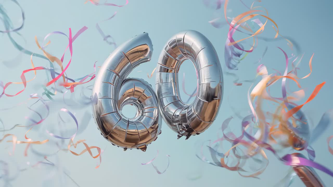 Ribbons entering spurring silver foil 60 balloons rotating and bobbing on pale blue set, for 60th