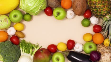 healthy fruits and vegetables make frame with copy space. stop motion