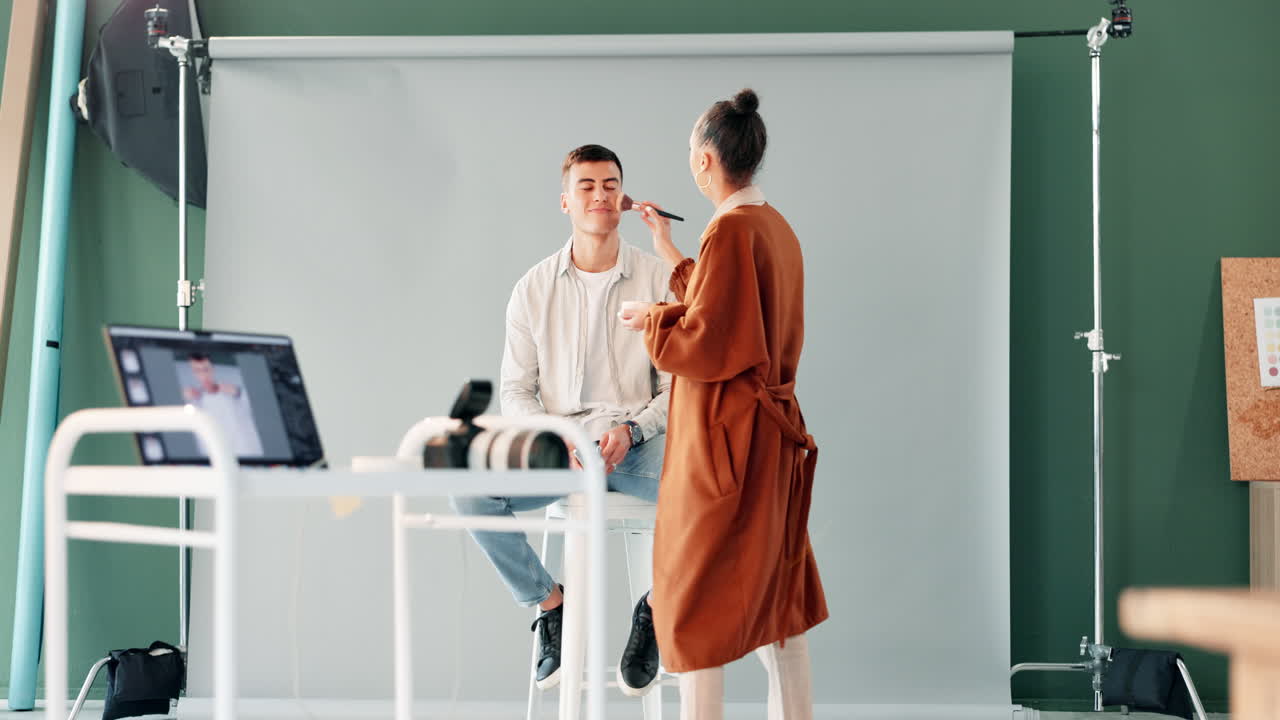 Fashion photoshoot behind the scenes with model and photographer in studio