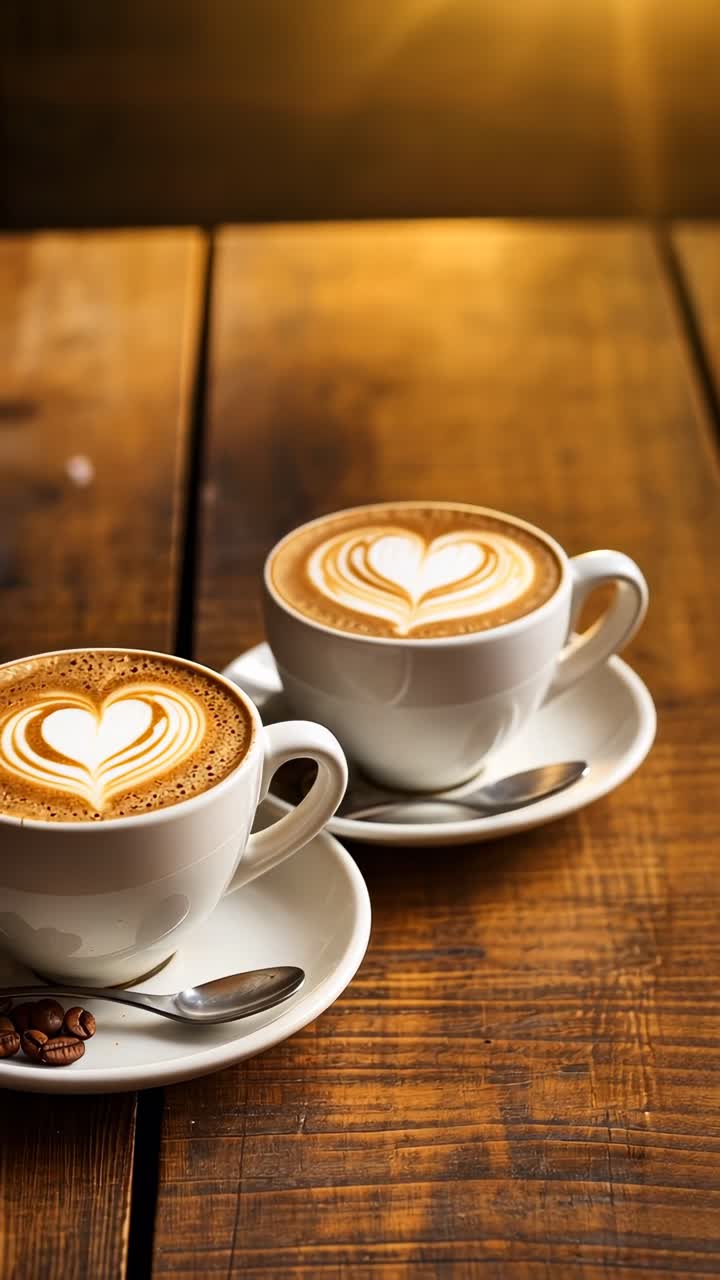 Warm, inviting video scene of two lattes with heart art on a wooden table