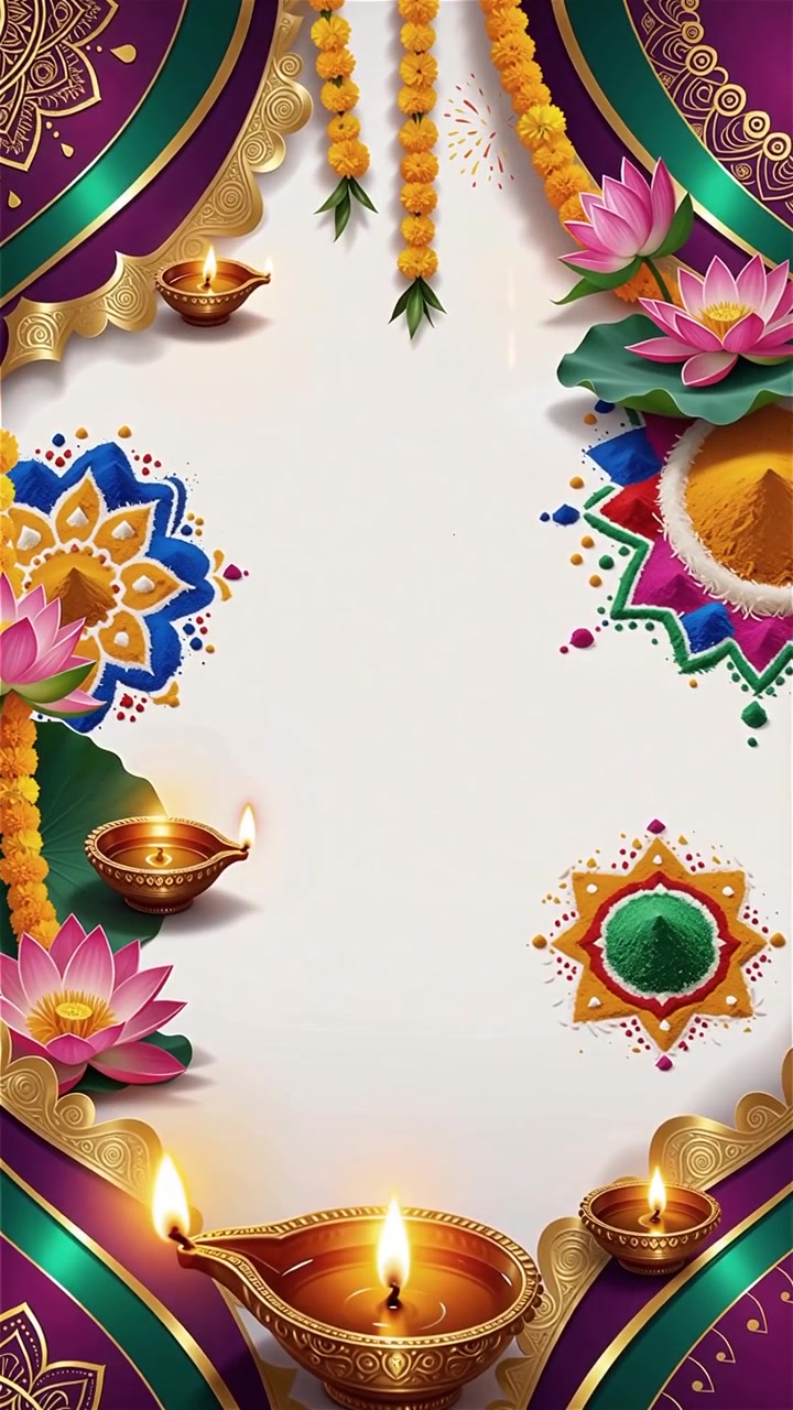 Sfondo Diwali con Diyas luminosi, Rangoli e fiori di loto