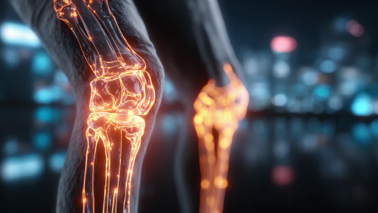 A Close-Up Exploration of Human Knee Joint Structure Highlighting Advanced Visualization Techniques, Capturing Both Movement and Anatomy in a Modern Environment