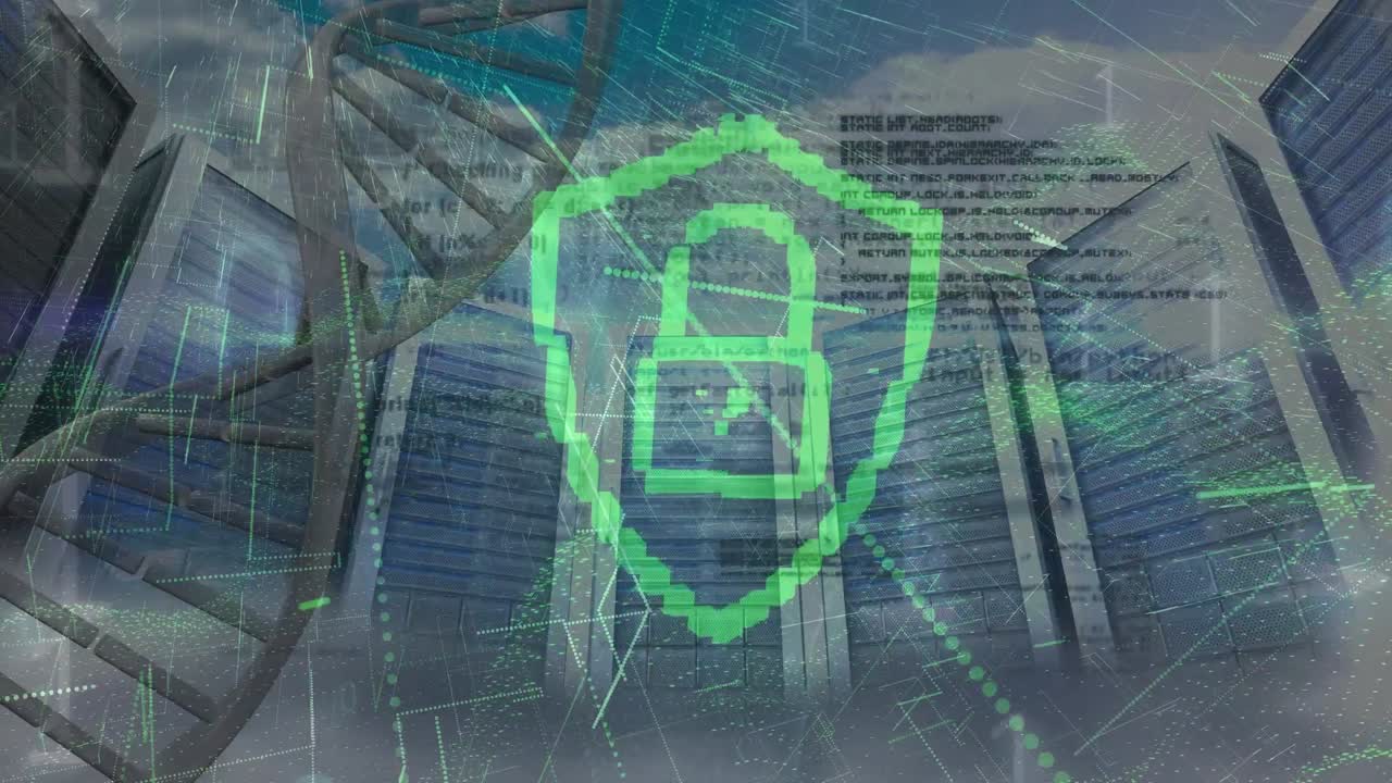 animación de la cadena de adn y el icono del candado con procesamiento de datos en la sala del servidor