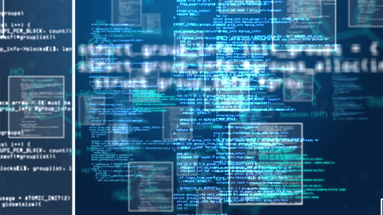 Digital animation of multiple screens with data processing against blue background