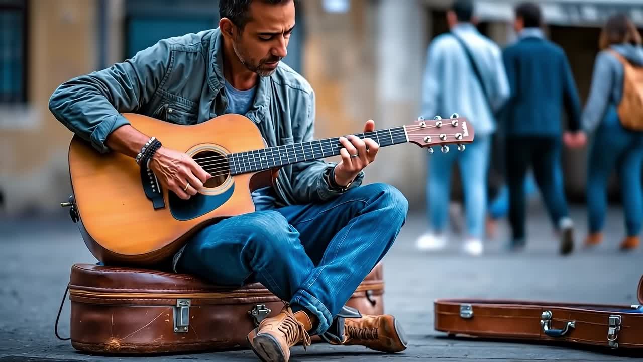A man sitting on a suitcase playing an acoustic guitar