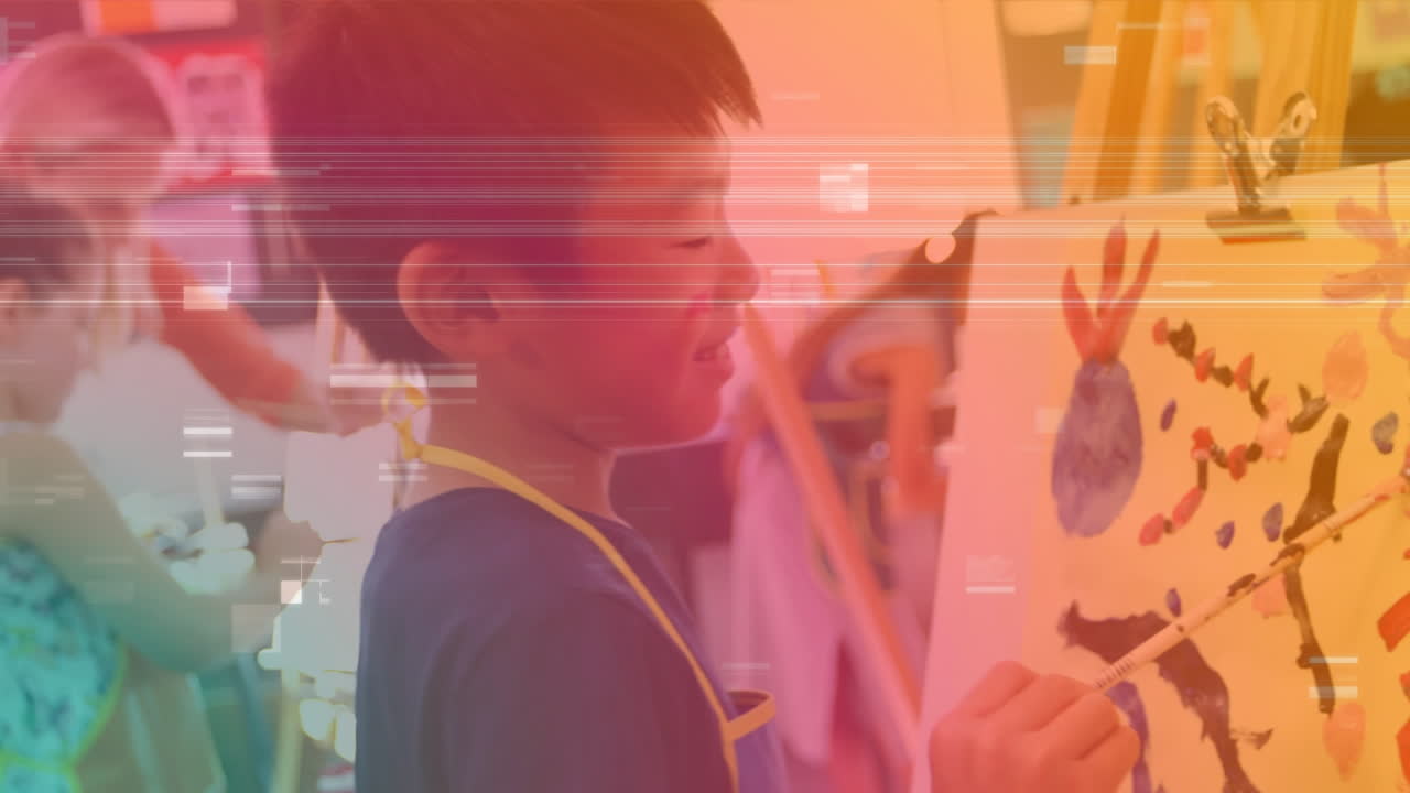 미술 수업에서 아시아 소년 위에 떨어지는 콘페티의 애니메이션