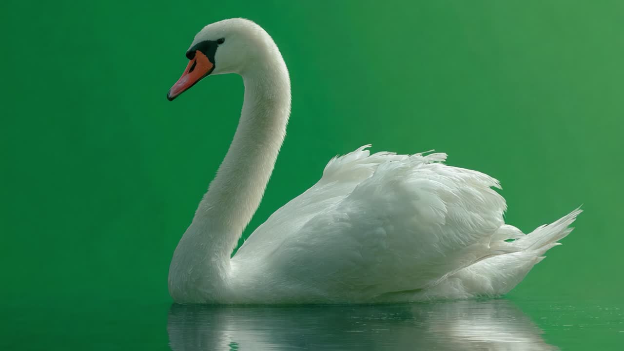 Elegancki biały łabędź pływający z gracją po spokojnych wodach, otoczony żywym zielonym tłem, prezentujący swoją majestatyczną szyję i puszyste upierzenie