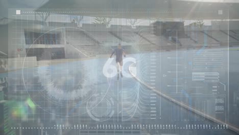 animación de datos y 6g en pantalla digital sobre afroamericano hombre discapacitado con cuchilla de correr