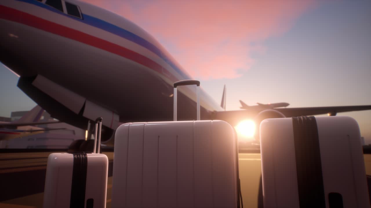 Suitcases Standing On Airstrip In Front Of An Airplane During A Evening. Brand New, White, Extremely Wealthy People Business Travel Class
