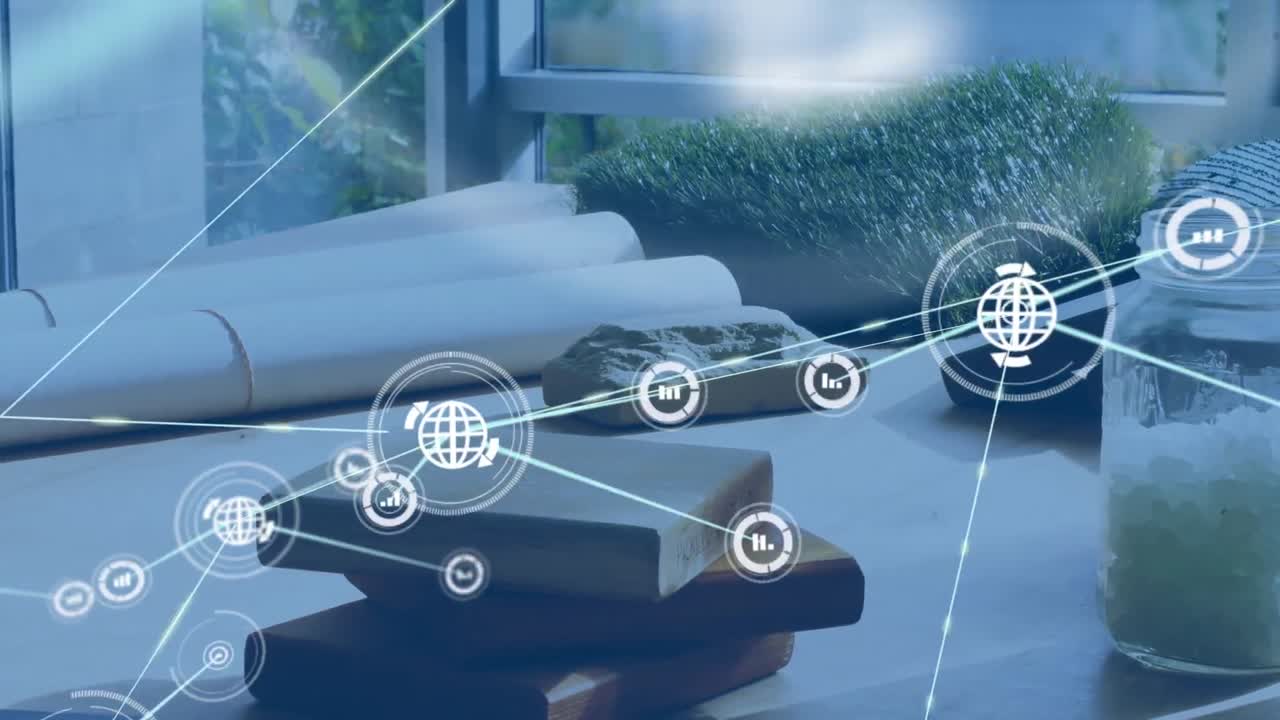 나무  ⁇ 플과 건축가의 도면 위에 아이콘으로 연결된 네트워크의 애니메이션