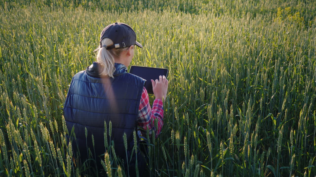 Jovem agricultora trabalhando em um campo de trigo verde, examinando brotos usando um tablet.