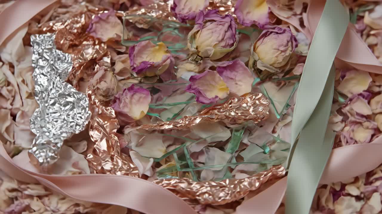 Composizione astratta di rose essiccate, nastri e lamine metalliche