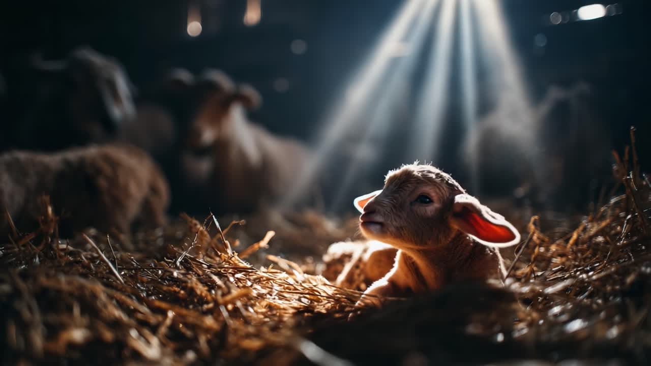 A Peaceful Lamb Resting in Soft Straw Under Sunlight Beams, Surrounded by Other Sheep in a Serene Barn Environment