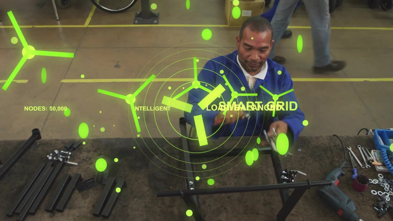 Technician placing hub triggers AR nodes assembling rotor tightening bolts balancing for smart grid