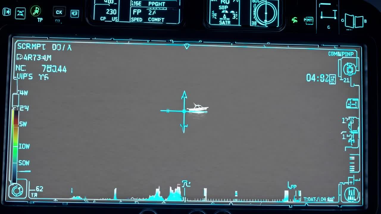 High tech HUD displaying yacht tracking via thermal imaging, revealing navigation data, coordinates, and real time timing for maritime targeting