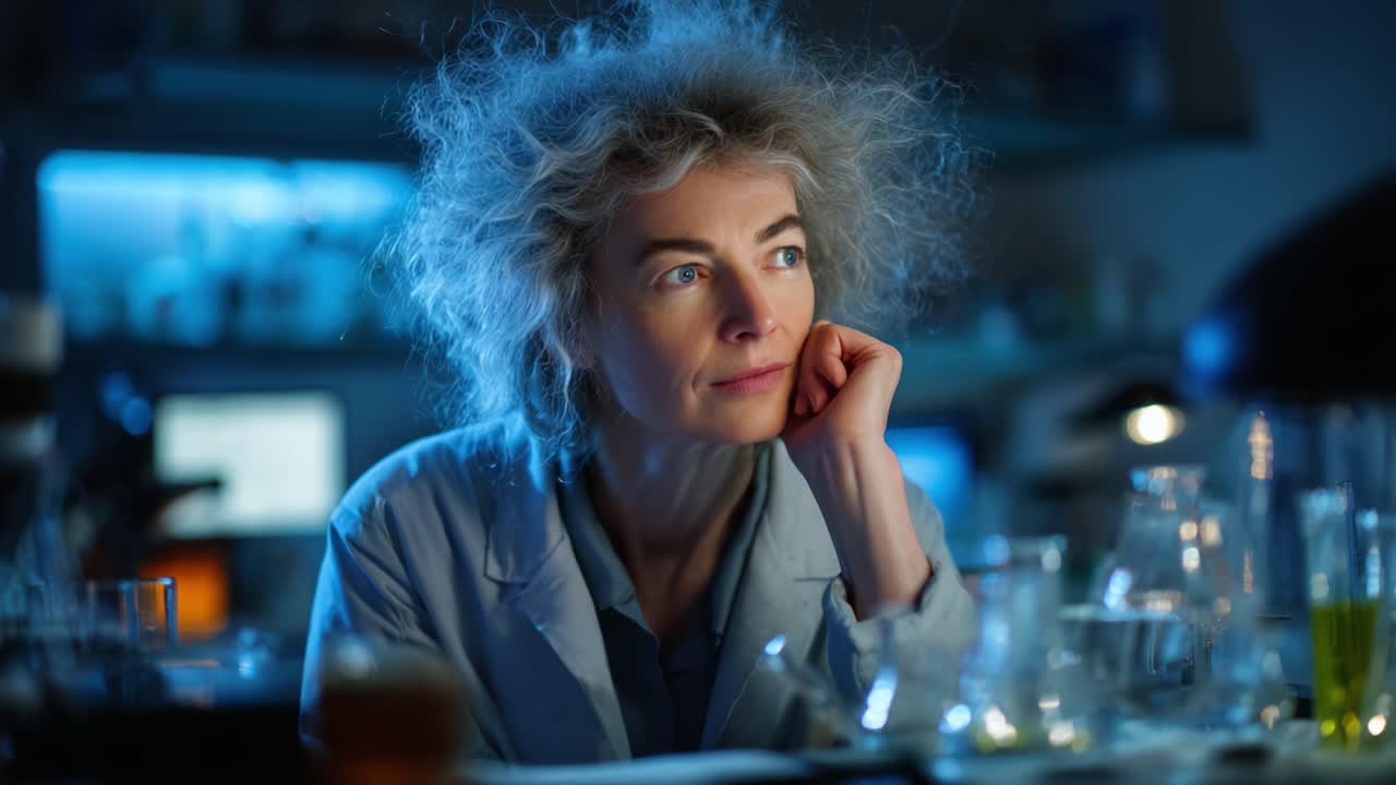 Contemplative Scientist in Laboratory Pondering Research and Experiments Amidst Glassware and Equipment, Captured in a Thoughtful Moment of Creativity and Reflection