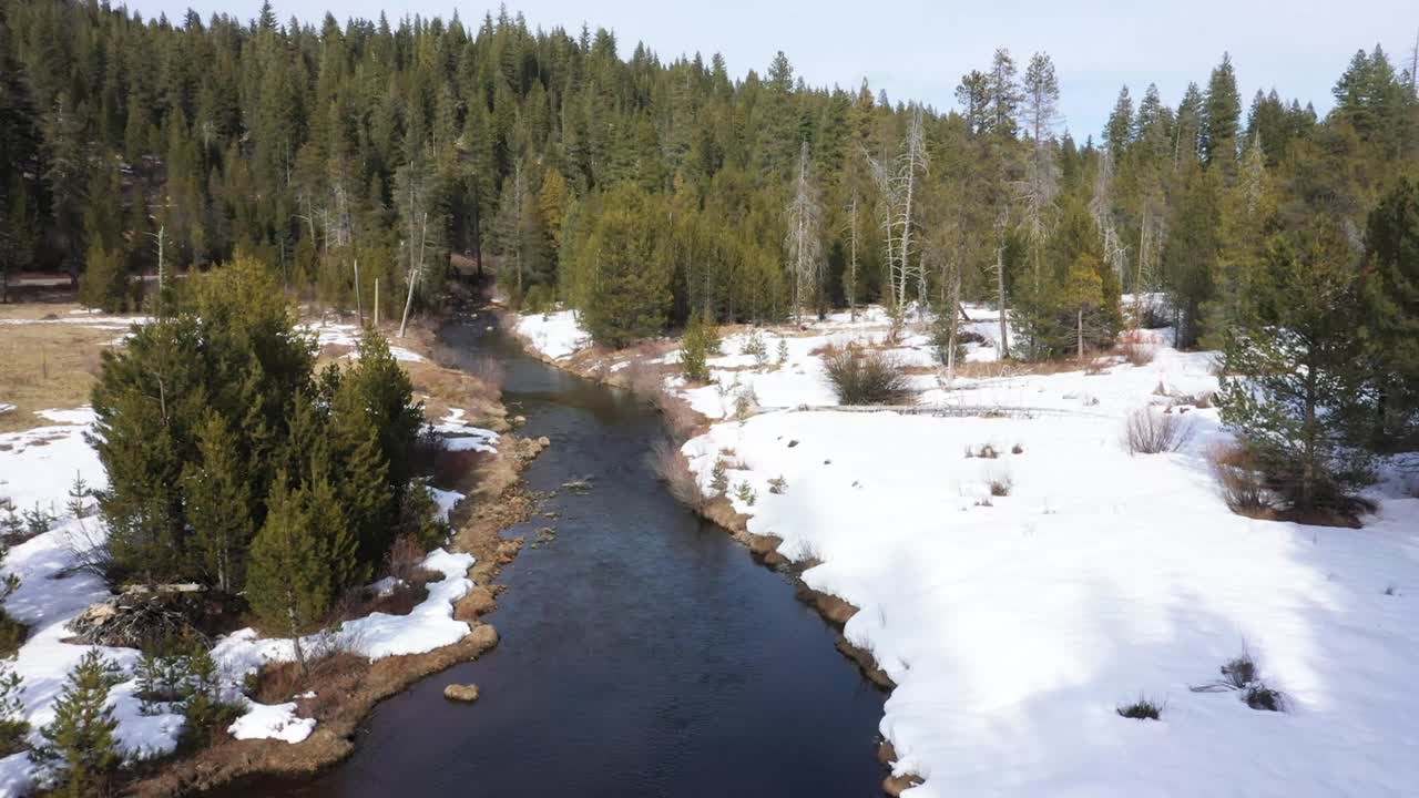 Vídeo fijo de un arroyo de montaña en invierno con orillas cubiertas de nieve y árboles y montañas de fondo