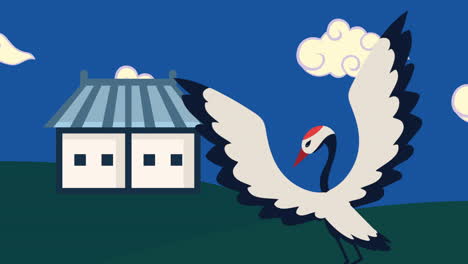 korean culture animation with stork and house