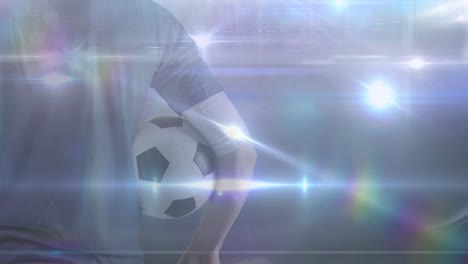 Animation-of-caucasian-male-soccer-player-with-football-over-stadium