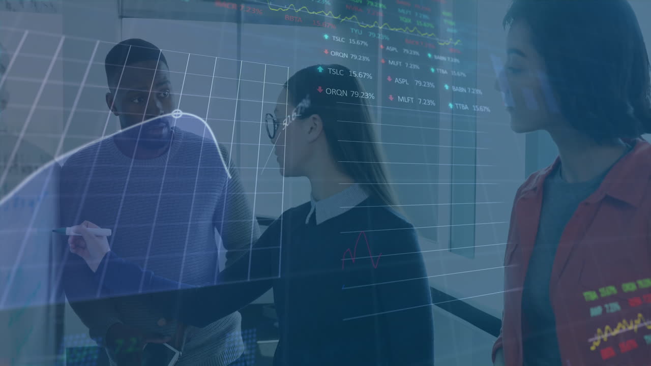 Animation of stock market data processing over diverse colleagues discussing over whiteboard