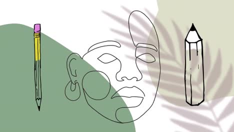 animation of black outlined face with pencils on green, white and beige background