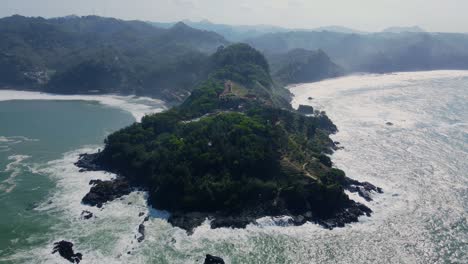 Orbit-drone-shot-of-Menganti-Beach,-Indonesia