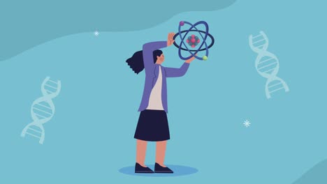 mujer científica levantando una molécula atómica