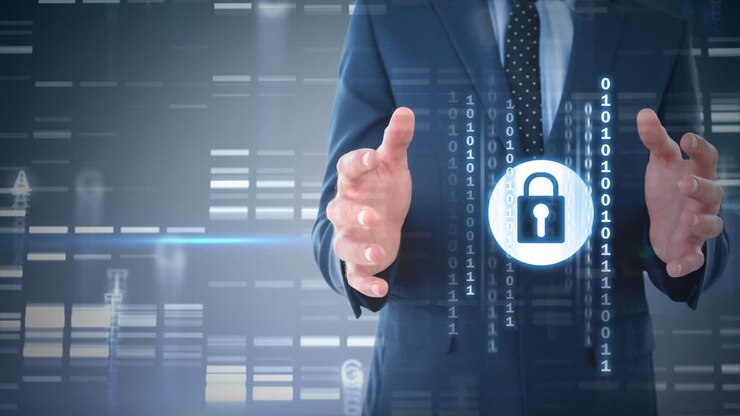 Cybersecurity concept with lock icon over businessman extending hand