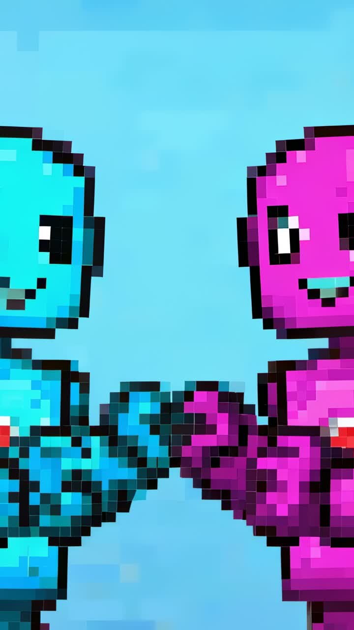 Video verticale: robot ciano o rosa che si avvicinano e si scambiano il pugno su uno sfondo di pixel, emblemi di saluto