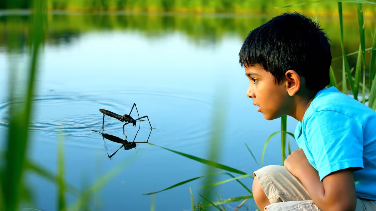 Boy watching a water strider on a pond