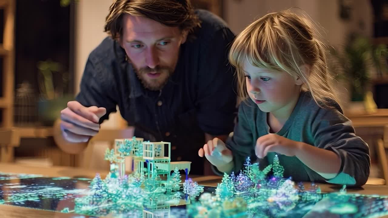 Vater und Kind erkunden gemeinsam eine interaktive digitale Landschaft.