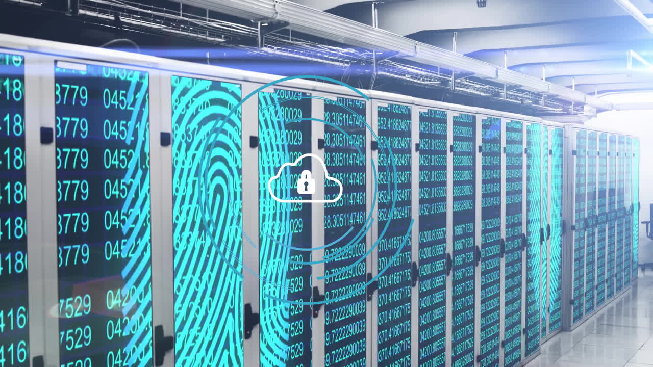 In technology center, fingerprint and cloud animation over data servers